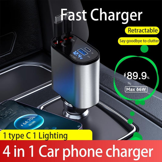 Retractable Car Charger Fast Charging, 4 in 1 Car Fast Charger